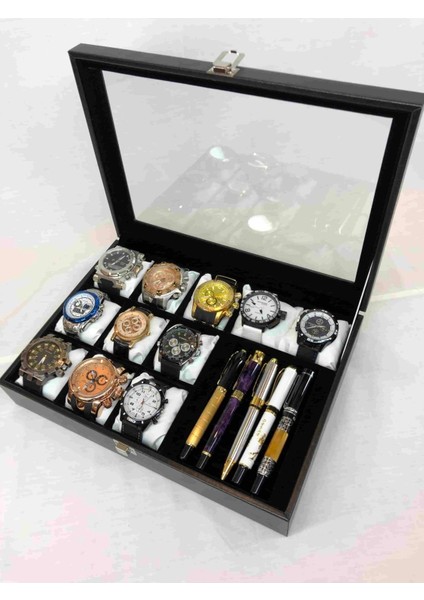 Şık Siyah Deri Kaplı Ahşap Takı Saklama Kutusu, 7 Bölmeli, Modern Tasarım