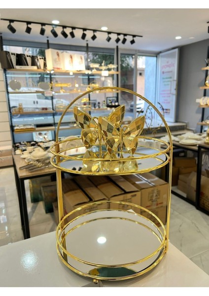 İki Katlı Aynalı Metal Makyaj Organizer, Şık ve Kullanışlı Altın Renkli Tasarım