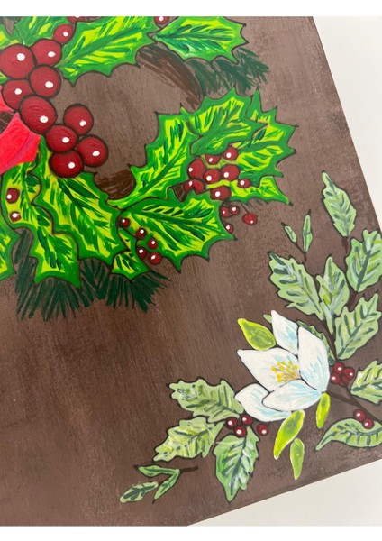 El Boyaması Çelenk Temalı Ahşap Noel Hatıra Kutusu, Renkli ve Şık Tasarım