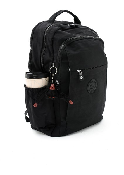 Sanmorris Unisex Suya Dayanıklı Krinkıl Kumaş Çok Gözlü Büyük Boy Siyah Renkli Laptop Okul ve Sırt Çantası