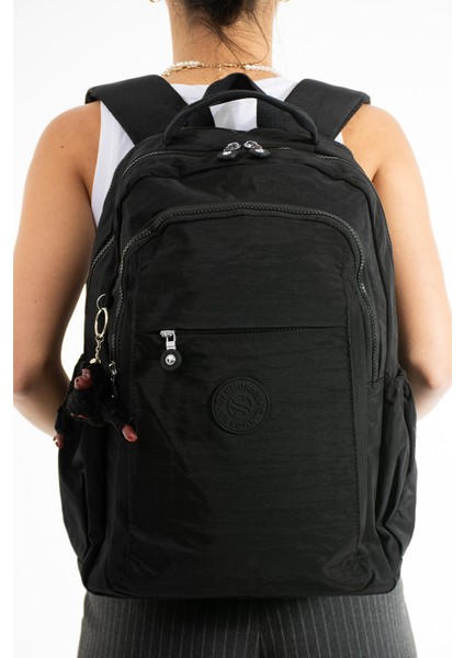 Sanmorris Unisex Suya Dayanıklı Krinkıl Kumaş Çok Gözlü Büyük Boy Siyah Renkli Laptop Okul ve Sırt Çantası modelleri