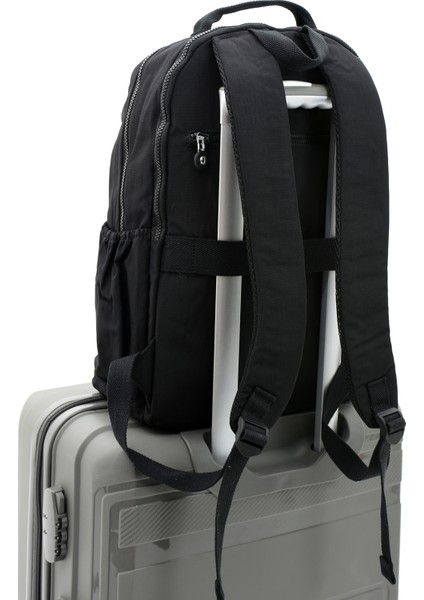 Sanmorris Unisex Suya Dayanıklı Krinkıl Kumaş Çok Gözlü Büyük Boy Siyah Renkli Laptop Okul ve Sırt Çantası