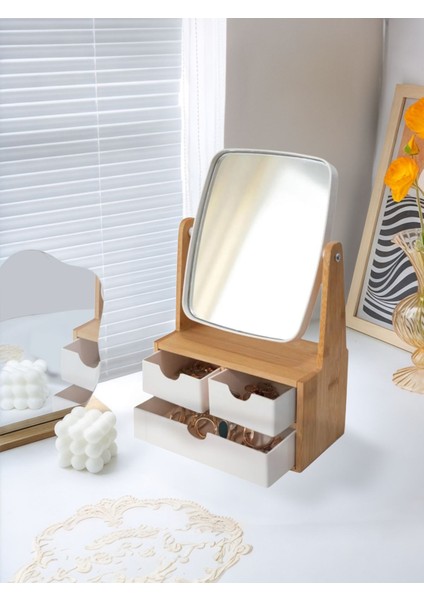 Beyaz ayna ile şık takı düzenleyici, doğal bambu tasarımıyla zarif ve pratik kullanım