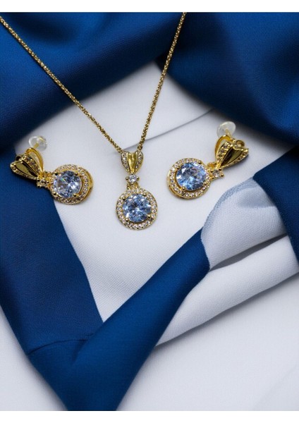 Sk-01 316L Garantili Kararmaz Çelik Kolye - Küpe Set, Zirkon Taşlı Yuvarlak Set