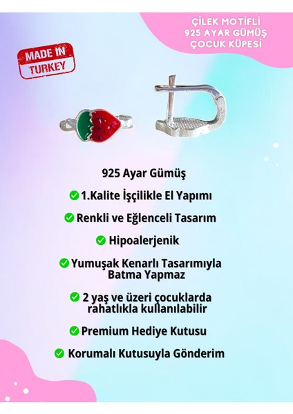 Çilek Gümüş Çocuk Küpe, 925 Ayar Gümüş Kız Çocuk Küpe, Çocuk Gümüş Küpe, Çocuk J Küpe fiyatları