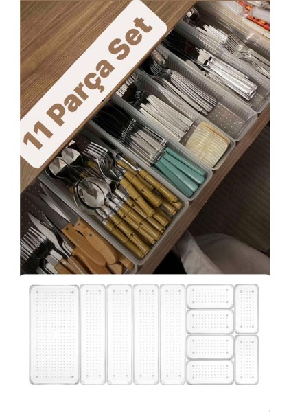 Şeffaf 11 Parça Plastik Çekmece İçi Kaşıklık Organizer Turuncu