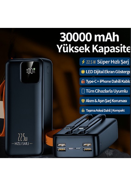 30000 Mah Powerbank | 22.5W Süper Hızlı Şarj | LED Ekran | Dahili Type-C + iPhone Kablo