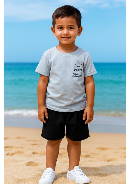 Smile Baskılı Yazlık Takım Erkek Çocuklar İçin Pamuk Kumaş 100% Konfor