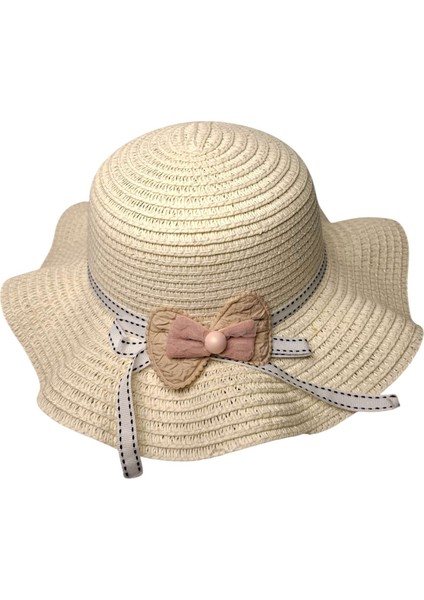 Spteks Kitti 2-6 Yaş Kız Çocuk Krem Renk Fiyonk Figürlü Hasır Yazlık Şapka
