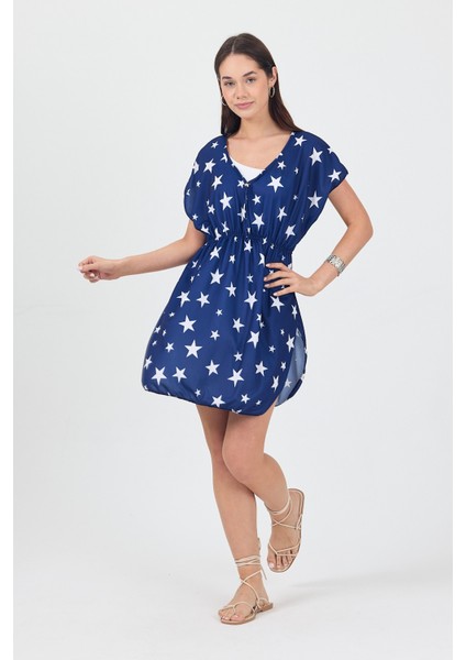 Bysen Star Lacivert Beyaz Yıldız Desenli Belden Lastikli Plaj Elbisesi Pareo
