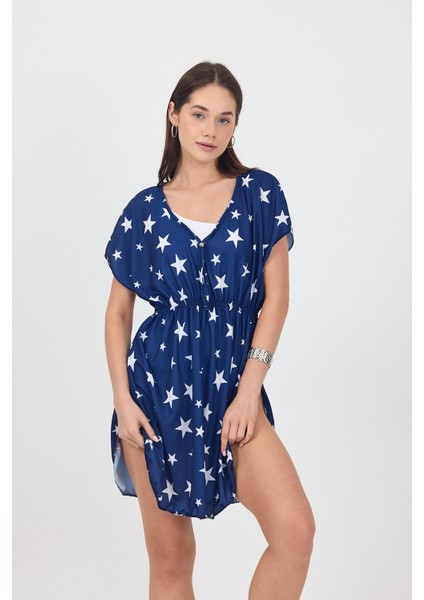 Bysen Star Lacivert Beyaz Yıldız Desenli Belden Lastikli Plaj Elbisesi Pareo fiyatları