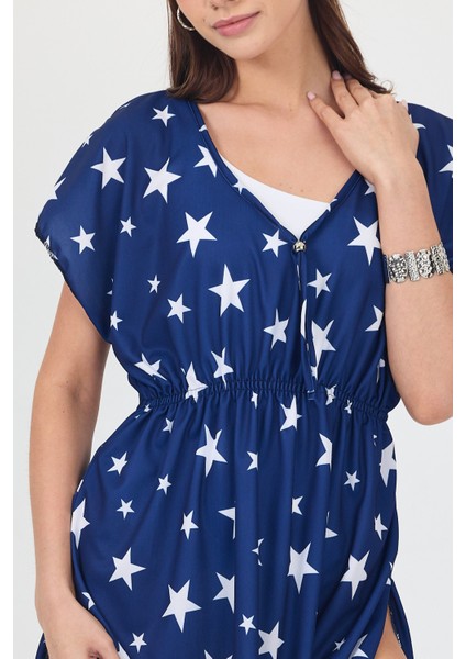 Bysen Star Lacivert Beyaz Yıldız Desenli Belden Lastikli Plaj Elbisesi Pareo modelleri