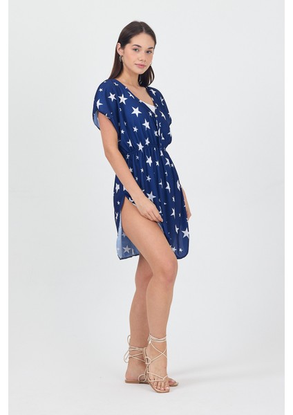 Bysen Star Lacivert Beyaz Yıldız Desenli Belden Lastikli Plaj Elbisesi Pareo fırsatları