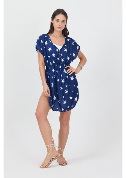 Bysen Star Lacivert Beyaz Yıldız Desenli Belden Lastikli Plaj Elbisesi Pareo indirimleri