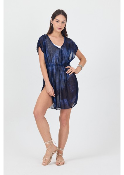 Bysen Derin Mavi Belden Lastikli Plaj Elbisesi