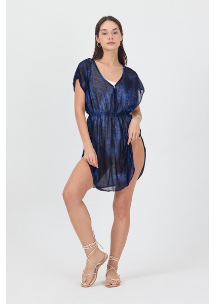 Bysen Derin Mavi Belden Lastikli Plaj Elbisesi fiyatları