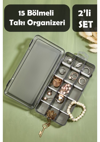 2'li 15 Bölmeli Siyah Takı Kutusu, Ayarlanabilir ve Şeffaf Tasarım