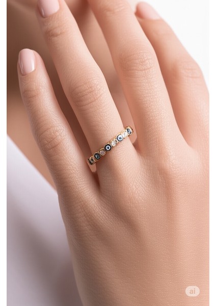 Shesra Aurora Çelik Yüzük Sarı Nazar Boncuklu 14 K-10492