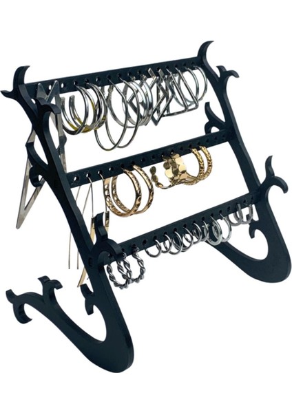 3 Katlı Takı Düzeni, Siyah, Küpe ve Kolye Askısı, Şık ve Pratik Kullanım