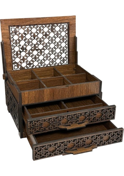 Ahşap 3 Çekmeceli Takı Kutusu, Organizer, Düzenleyici, Kahverengi, 19x25x15 cm