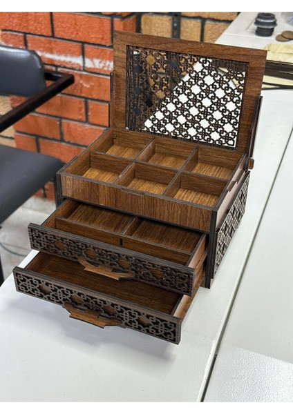 Ahşap 3 Çekmeceli Takı Kutusu, Organizer, Düzenleyici, Kahverengi, 19x25x15 cm