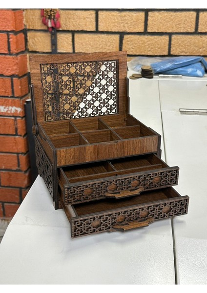 Ahşap 3 Çekmeceli Takı Kutusu, Organizer, Düzenleyici, Kahverengi, 19x25x15 cm
