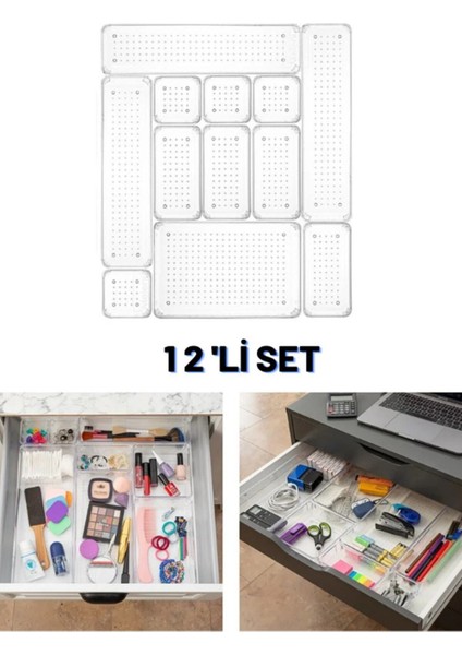 12 Parça Şeffaf Çekmece İçi Düzenleyici Organizer Seti, Plastik, Beyaz