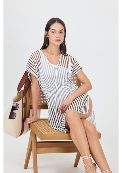 Bysen Luna Siyah / Beyaz Çizgi Tül Detaylı Plaj Elbisesi