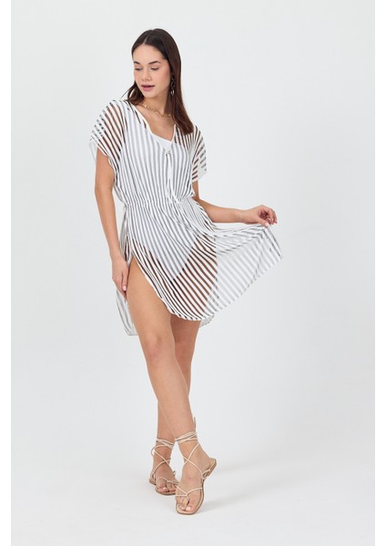 Bysen Luna Siyah / Beyaz Çizgi Tül Detaylı Plaj Elbisesi modelleri