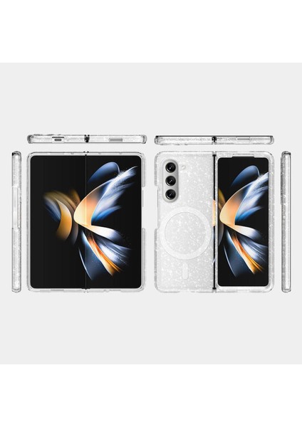 Samsung Galaxy Z Fold 6 Uyumlu Magsafe Şarj Özellikli Parlayan Simli Saydam Renkli Kapak Kılıf