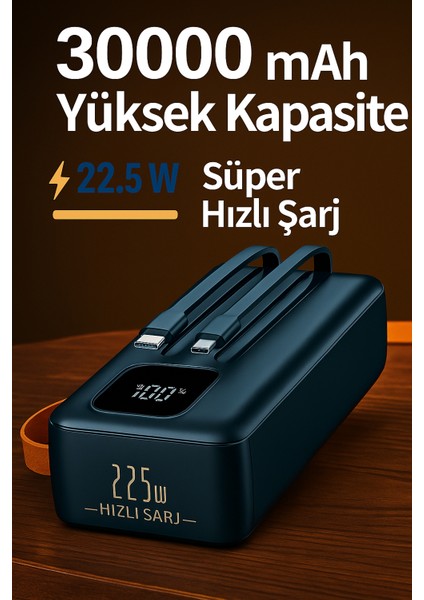 30000 Mah Powerbank | 22.5W Süper Hızlı Şarj | LED Ekran | Dahili Type-C + iPhone Kablo
