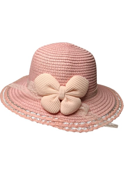 Spteks Kitti 2-6 Yaş Kız Çocuk Açık Pembe Renk Fiyonk Figürlü Hasır Yazlık Şapka