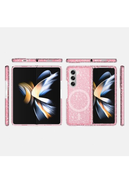 Samsung Galaxy Z Fold 6 Uyumlu Magsafe Şarj Özellikli Parlayan Simli Saydam Renkli Kapak Kılıf