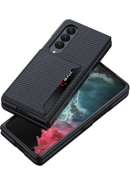 Samsung Galaxy Z Fold 4 Uyumlu Kılıf Karbonfiber Arka Yüzey Standlı Kartlıklı Korumalı Katlanabilir Kapak
