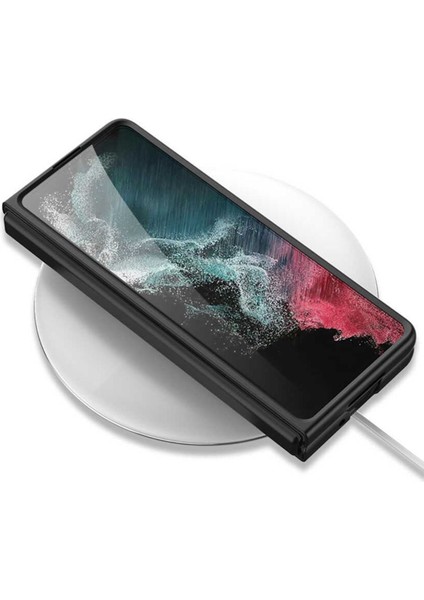 Samsung Galaxy Z Fold 4 Uyumlu Kılıf Karbonfiber Arka Yüzey Standlı Kartlıklı Korumalı Katlanabilir Kapak