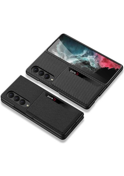 Samsung Galaxy Z Fold 4 Uyumlu Kılıf Karbonfiber Arka Yüzey Standlı Kartlıklı Korumalı Katlanabilir Kapak