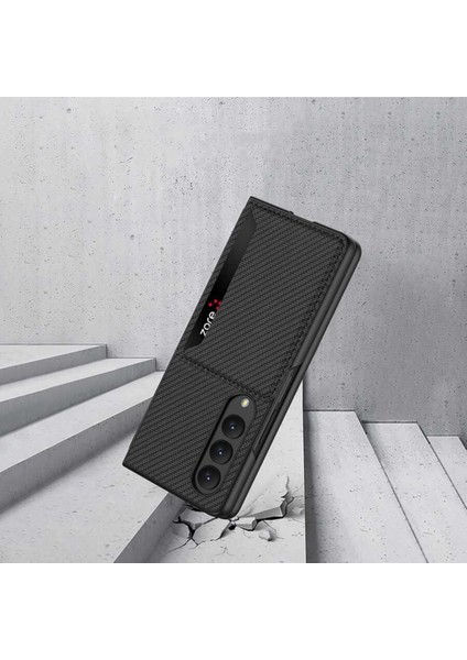 Samsung Galaxy Z Fold 4 Uyumlu Kılıf Karbonfiber Arka Yüzey Standlı Kartlıklı Korumalı Katlanabilir Kapak