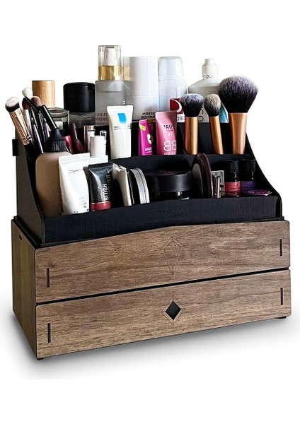 İki Katlı Ahşap Takı ve Kozmetik Organizer, Ceviz Renk, Şık ve Kullanışlı Tasarım