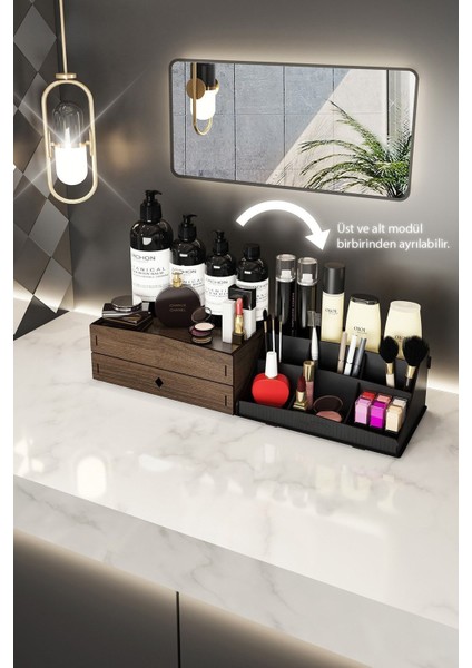 İki Katlı Ahşap Takı ve Kozmetik Organizer, Ceviz Renk, Şık ve Kullanışlı Tasarım