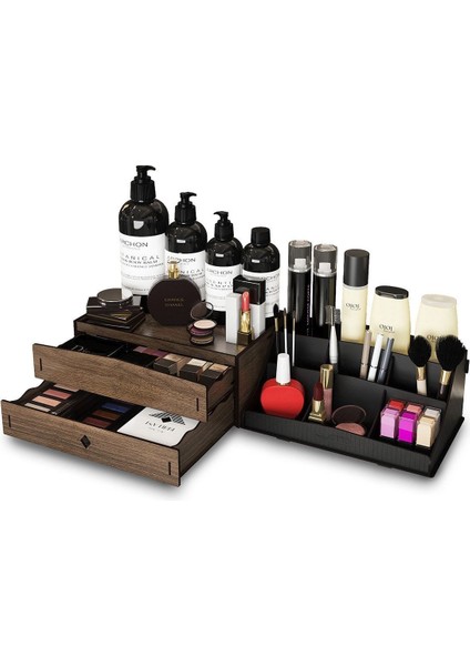 İki Katlı Ahşap Takı ve Kozmetik Organizer, Ceviz Renk, Şık ve Kullanışlı Tasarım