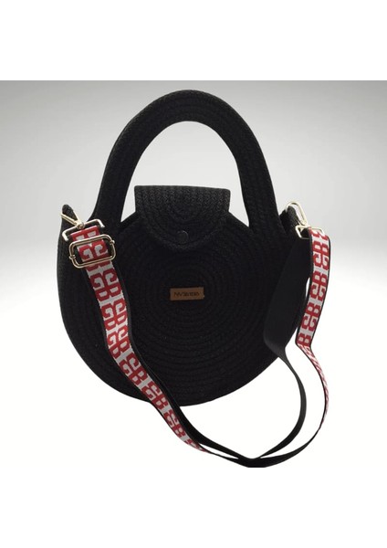 Yazlık Siyah, Kırmızı Dokuma Askılı Yazlık Kadın Çantası 26CM, El ve Omuz Çantası