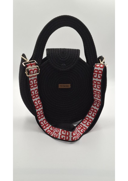 Yazlık Siyah, Kırmızı Dokuma Askılı Yazlık Kadın Çantası 26CM, El ve Omuz Çantası