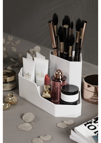 Beyaz Üçgen Makyaj Organizeri, Masa Üstü Düzenleyici, Plastik, Pratik ve Şık modelleri