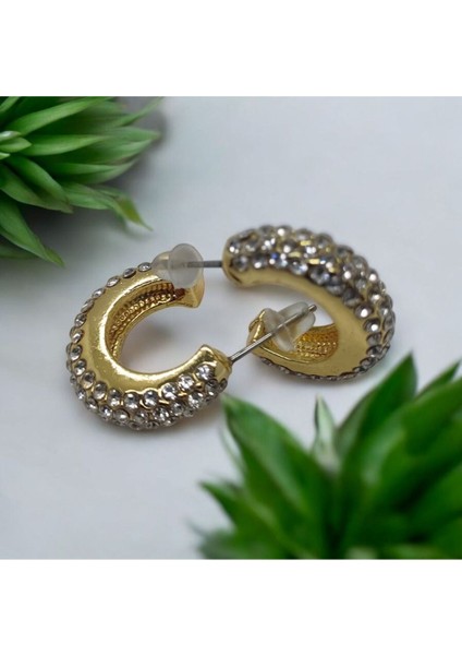 Gold Renk Mini Zirkon Taşlı Yuvarlak Küpe