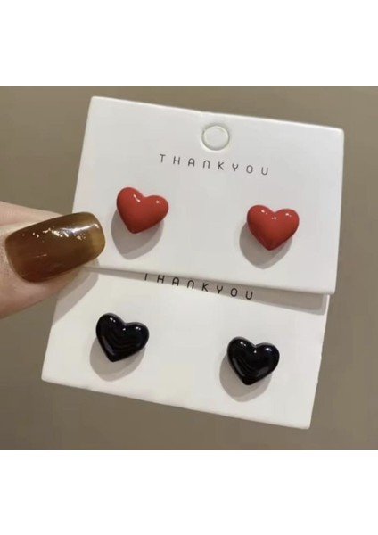 Kadın Siyah , Kırmızı Tonlar Kalpli Küpe Seti 2 Çift