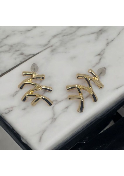 Kadın, Genç Japon Bambu Model Gold Renk Tasarım Küpe