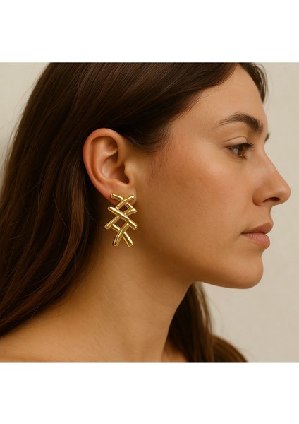 Kadın, Genç Japon Bambu Model Gold Renk Tasarım Küpe indirimleri