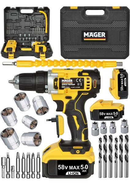 Darbeli 58 Wat 5 Ah Çift Akülü Şarjlı Vidalama Matkap 24 Para Set Hediye