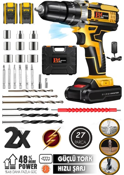 Alman Berlin-Xr-Grs 328VF 25AH 27PCS Set Hediyeli 2 Akülü Vidalama Delme Matkap