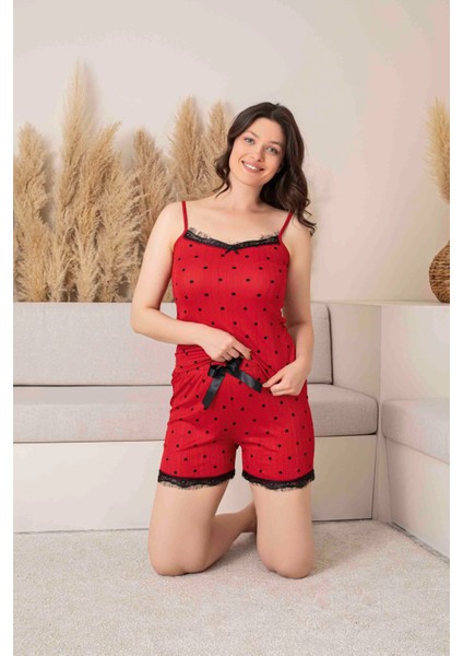 Kadın Askılı Şortlu Pamuklu Puantiyeli Dantel Detaylı Kısa Pijama TAKIMI-3095 fiyatları